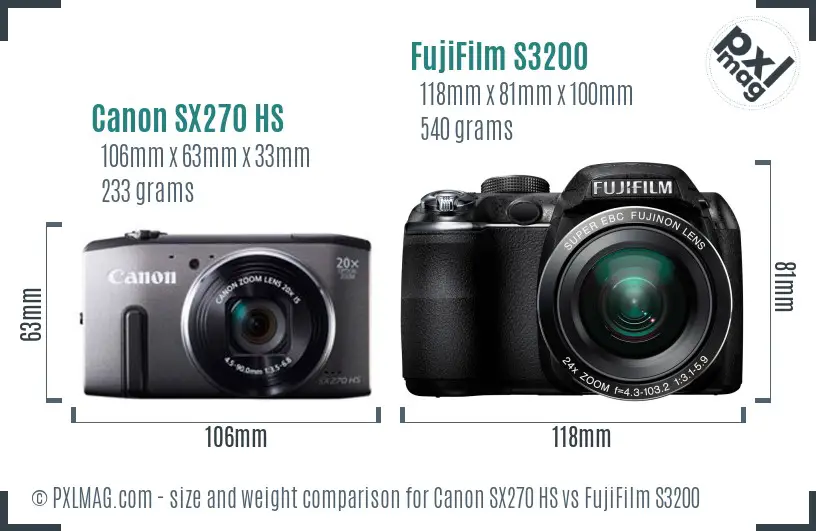 Canon SX270 HS vs FujiFilm S3200 size comparison