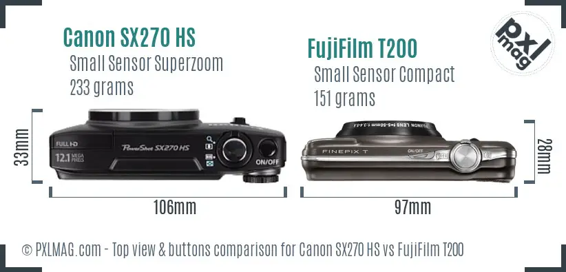 Canon SX270 HS vs FujiFilm T200 top view buttons comparison