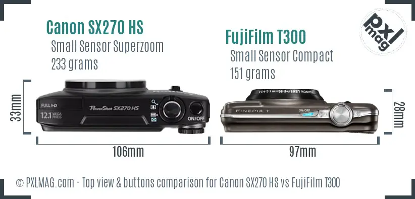 Canon SX270 HS vs FujiFilm T300 top view buttons comparison