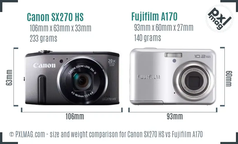 Canon SX270 HS vs Fujifilm A170 size comparison