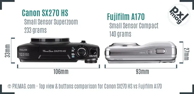 Canon SX270 HS vs Fujifilm A170 top view buttons comparison