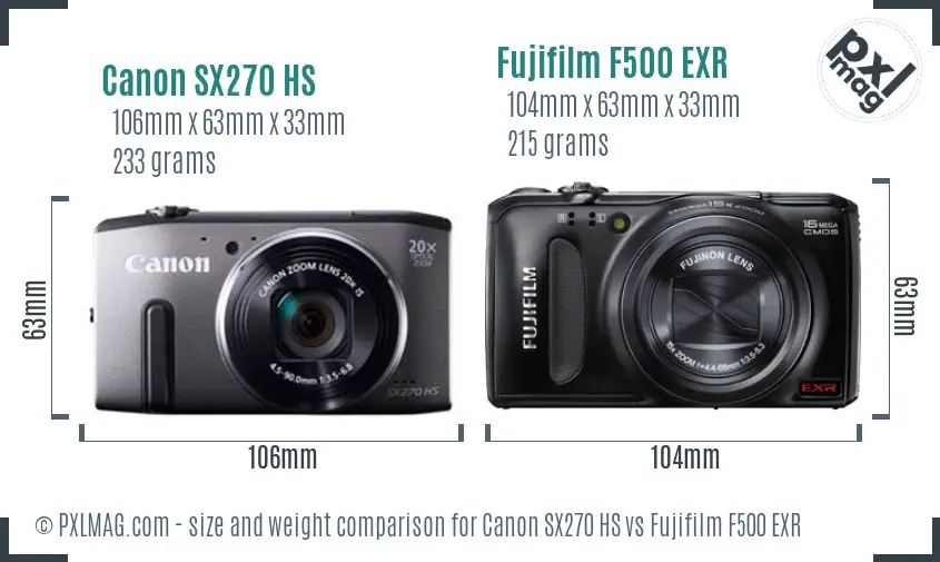 Canon SX270 HS vs Fujifilm F500 EXR size comparison