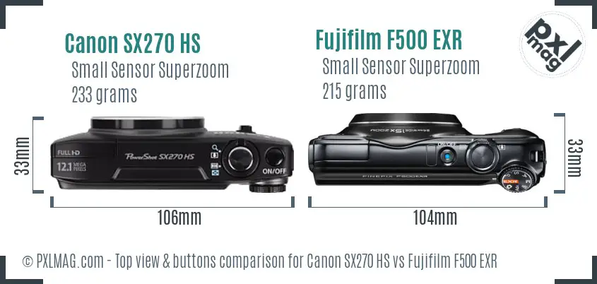 Canon SX270 HS vs Fujifilm F500 EXR top view buttons comparison