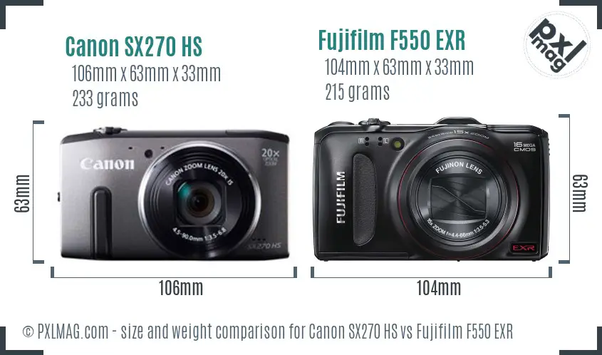 Canon SX270 HS vs Fujifilm F550 EXR size comparison