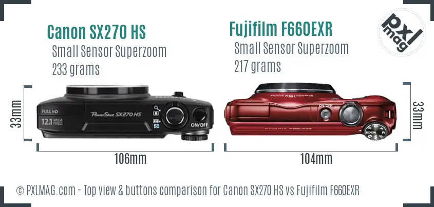 Canon SX270 HS vs Fujifilm F660EXR top view buttons comparison