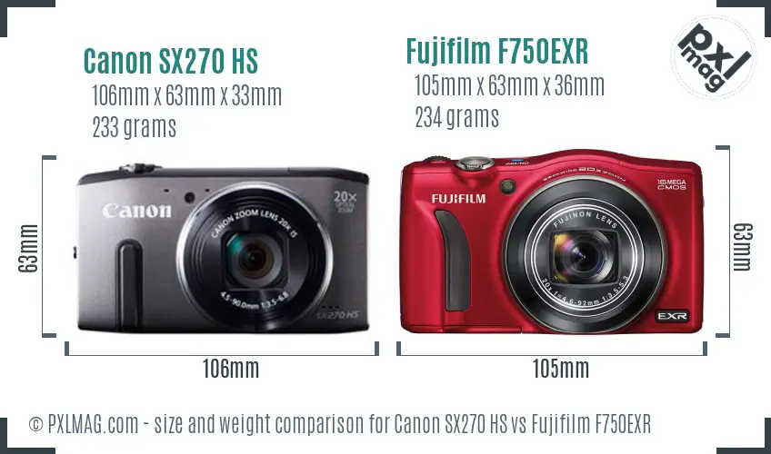 Canon SX270 HS vs Fujifilm F750EXR size comparison Canon SX270 HS vs Fujifilm F750EXR size comparison