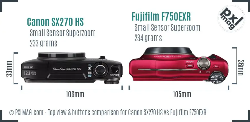 Canon SX270 HS vs Fujifilm F750EXR top view buttons comparison Canon SX270 HS vs Fujifilm F750EXR top view buttons comparison