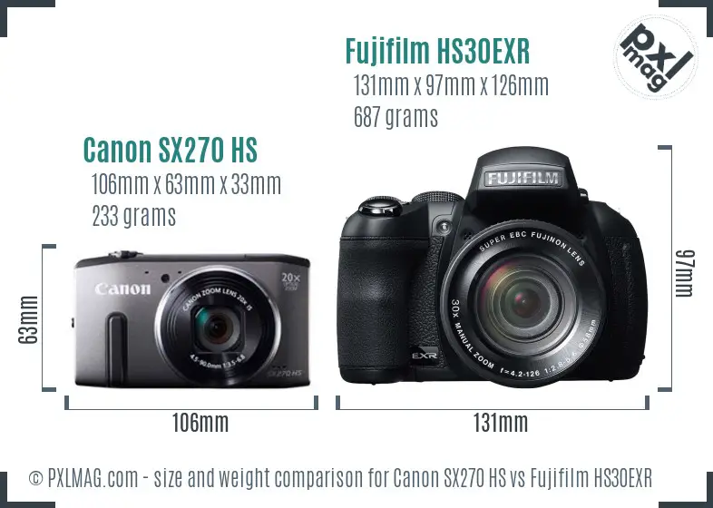 Canon SX270 HS vs Fujifilm HS30EXR size comparison Canon SX270 HS vs Fujifilm HS30EXR size comparison