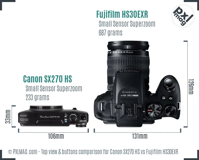 Canon SX270 HS vs Fujifilm HS30EXR top view buttons comparison Canon SX270 HS vs Fujifilm HS30EXR top view buttons comparison