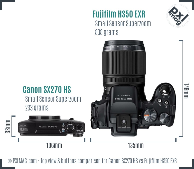 Canon SX270 HS vs Fujifilm HS50 EXR top view buttons comparison