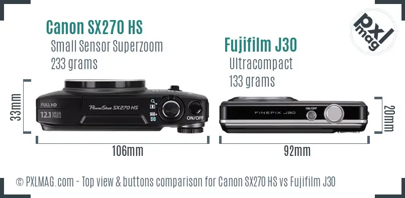 Canon SX270 HS vs Fujifilm J30 top view buttons comparison Canon SX270 HS vs Fujifilm J30 top view buttons comparison