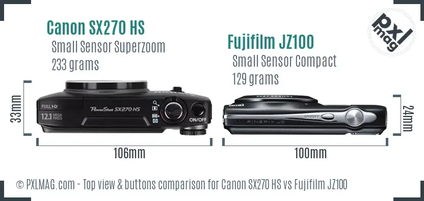 Canon SX270 HS vs Fujifilm JZ100 top view buttons comparison Canon SX270 HS vs Fujifilm JZ100 top view buttons comparison