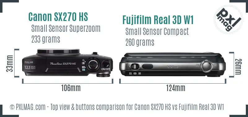 Canon SX270 HS vs Fujifilm Real 3D W1 top view buttons comparison