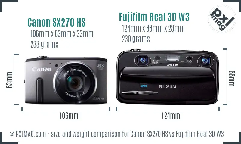 Canon SX270 HS vs Fujifilm Real 3D W3 size comparison