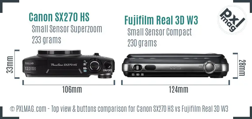 Canon SX270 HS vs Fujifilm Real 3D W3 top view buttons comparison