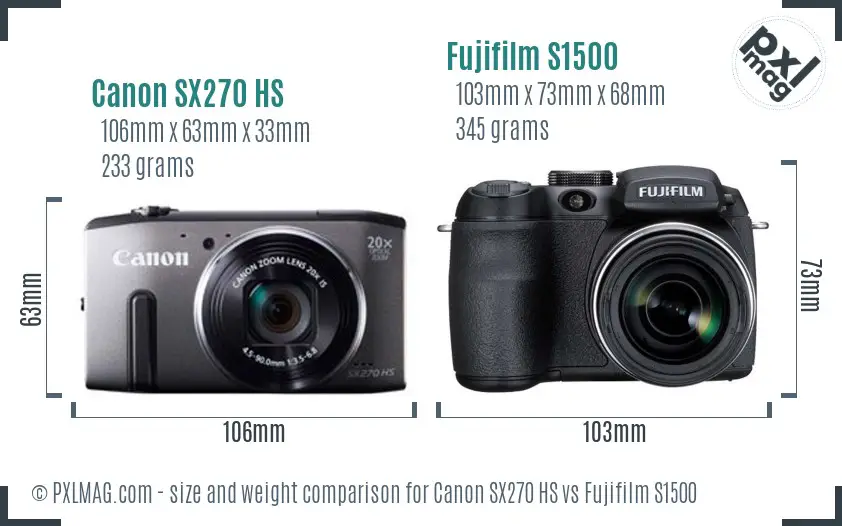 Canon SX270 HS vs Fujifilm S1500 size comparison