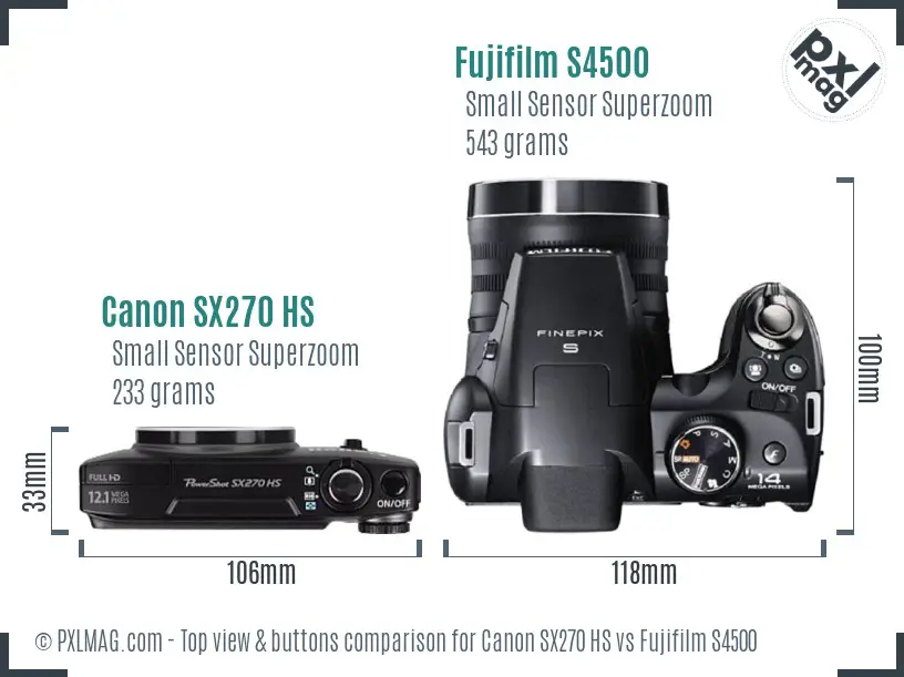 Canon SX270 HS vs Fujifilm S4500 top view buttons comparison