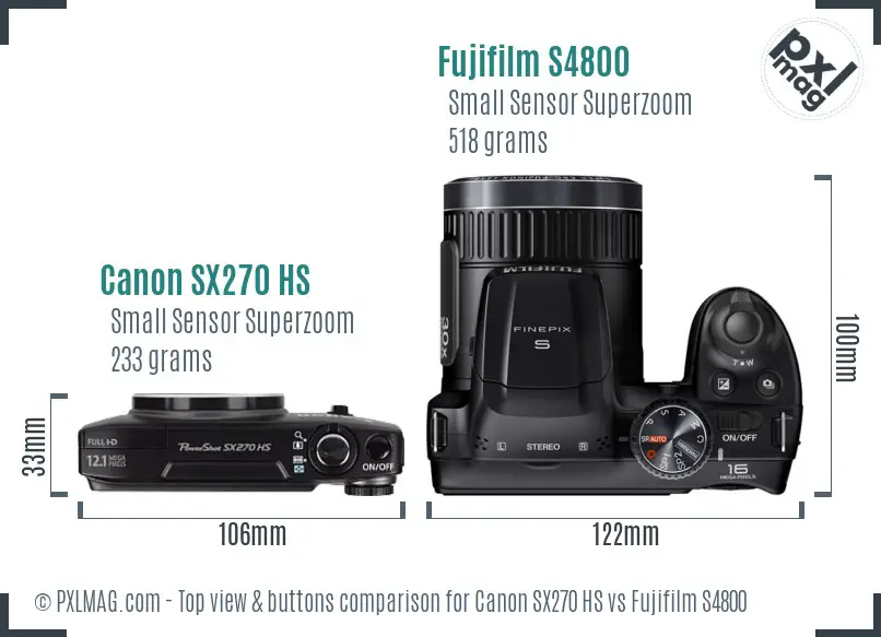 Canon SX270 HS vs Fujifilm S4800 top view buttons comparison Canon SX270 HS vs Fujifilm S4800 top view buttons comparison