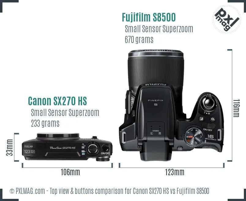 Canon SX270 HS vs Fujifilm S8500 top view buttons comparison