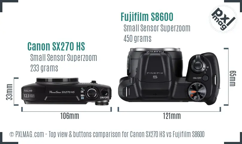 Canon SX270 HS vs Fujifilm S8600 top view buttons comparison Canon SX270 HS vs Fujifilm S8600 top view buttons comparison
