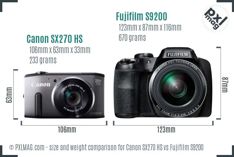 Canon SX270 HS vs Fujifilm S9200 size comparison