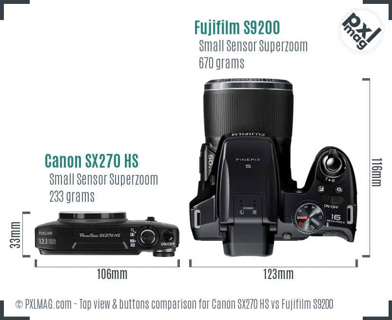 Canon SX270 HS vs Fujifilm S9200 top view buttons comparison