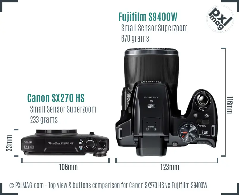 Looking down on these two cameras reveals their approach to operator controls. Canon’s SX270 HS leans towards simplicity, while Fuji’s bridge camera enables more direct manual access.