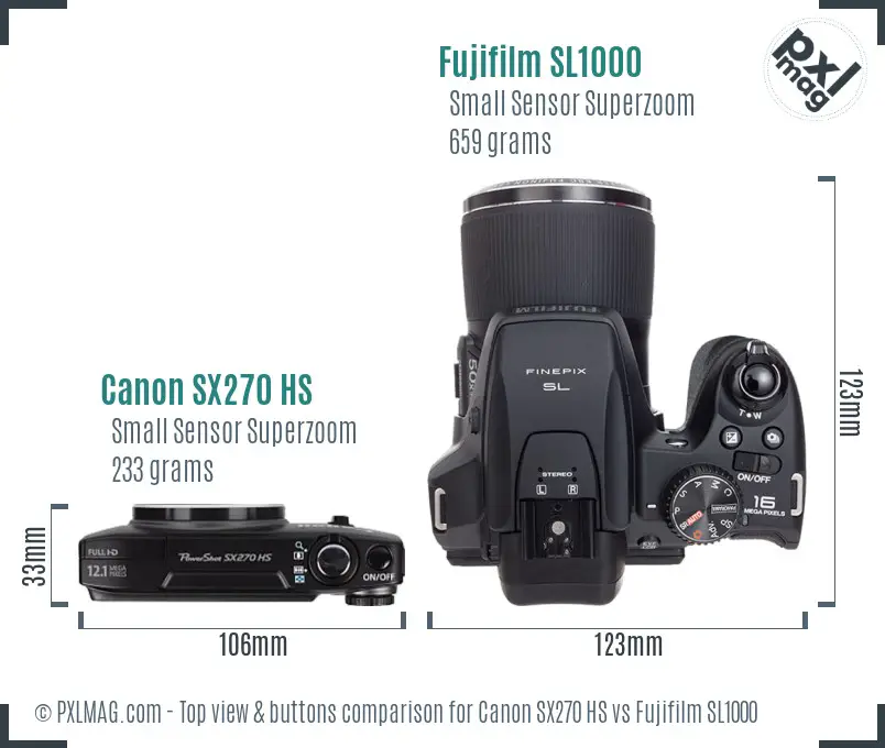 Canon SX270 HS vs Fujifilm SL1000 top view buttons comparison Canon SX270 HS vs Fujifilm SL1000 top view buttons comparison