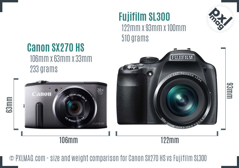 Canon SX270 HS vs Fujifilm SL300 size comparison