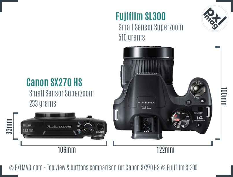 Canon SX270 HS vs Fujifilm SL300 top view buttons comparison