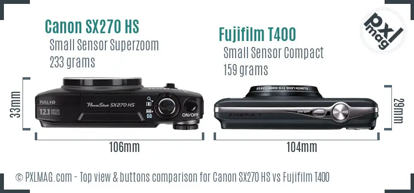 Canon SX270 HS vs Fujifilm T400 top view buttons comparison Canon SX270 HS vs Fujifilm T400 top view buttons comparison
