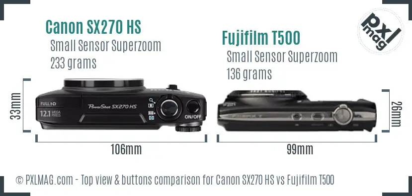 Canon SX270 HS vs Fujifilm T500 top view buttons comparison