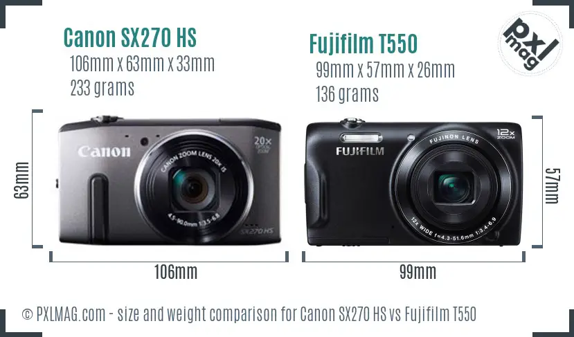 Canon SX270 HS vs Fujifilm T550 size comparison