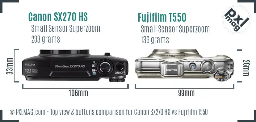Canon SX270 HS vs Fujifilm T550 top view buttons comparison