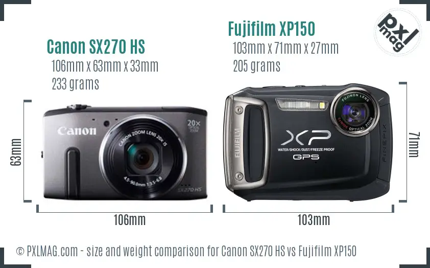 Canon SX270 HS vs Fujifilm XP150 size comparison