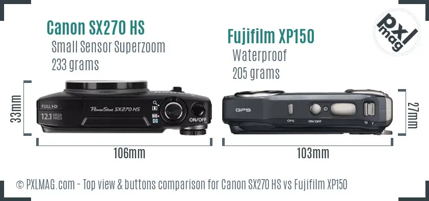 Canon SX270 HS vs Fujifilm XP150 top view buttons comparison