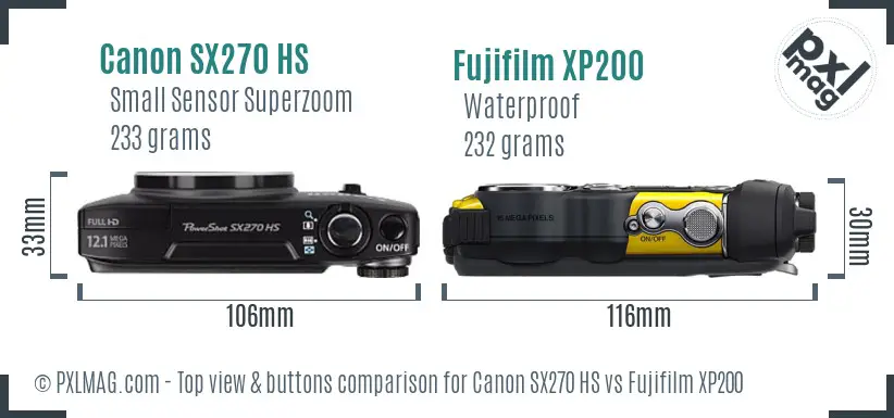 Canon SX270 HS vs Fujifilm XP200 top view buttons comparison