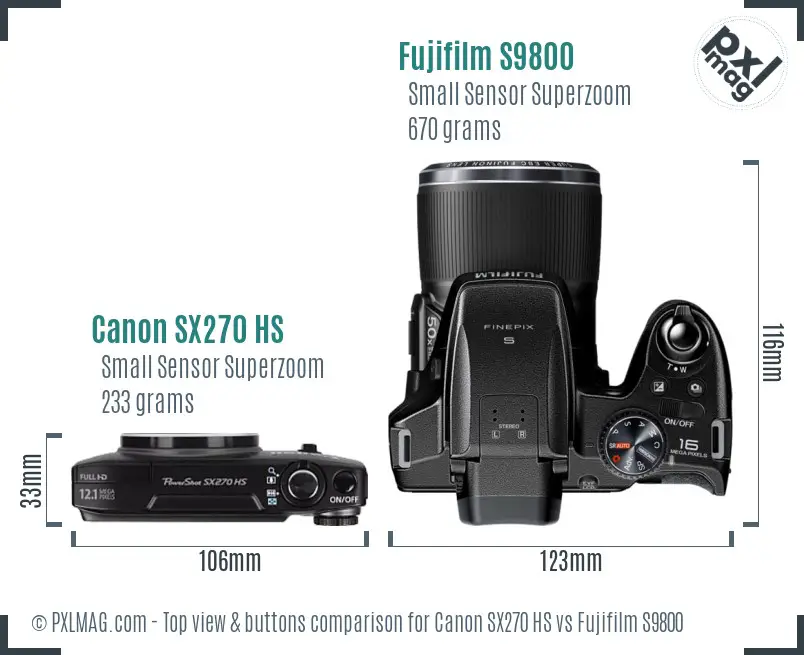 Canon SX270 HS vs Fujifilm S9800 top view buttons comparison Canon SX270 HS vs Fujifilm S9800 top view buttons comparison