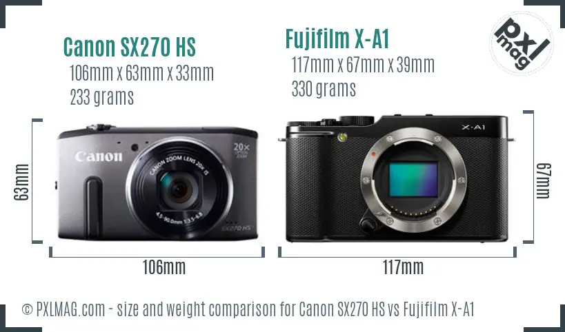 Canon SX270 HS vs Fujifilm X-A1 size comparison