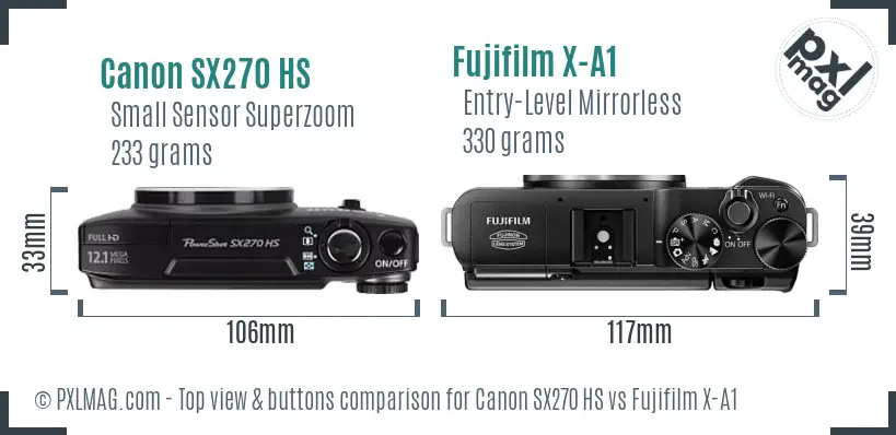 Canon SX270 HS vs Fujifilm X-A1 top view buttons comparison