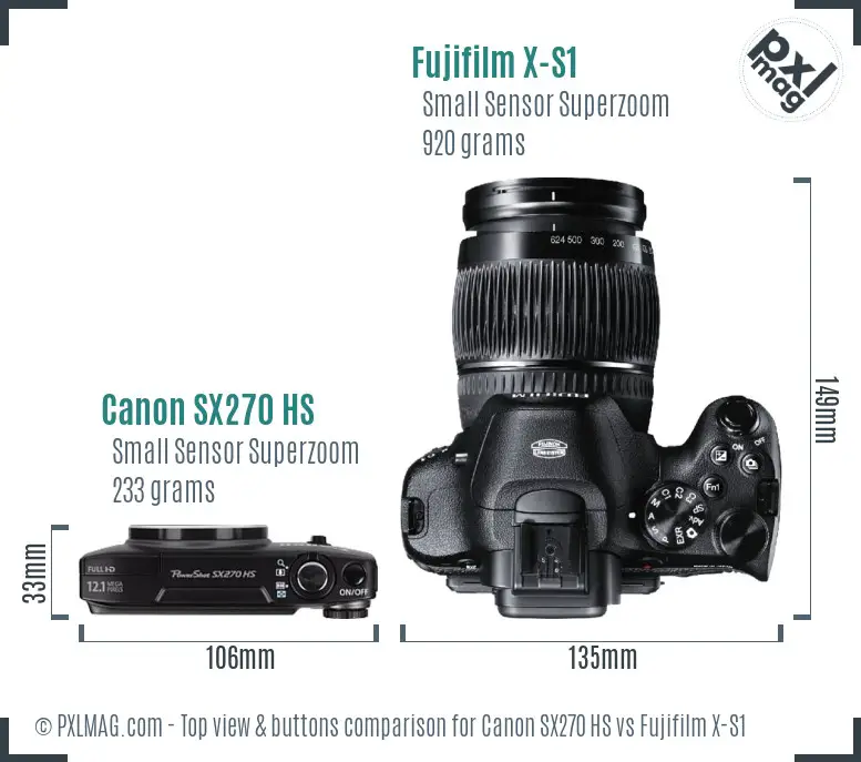 Canon SX270 HS vs Fujifilm X-S1 top view buttons comparison