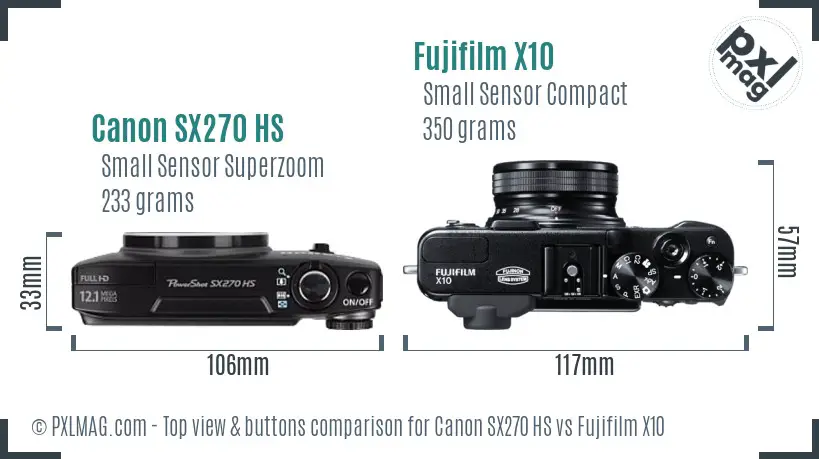 Canon SX270 HS vs Fujifilm X10 top view buttons comparison