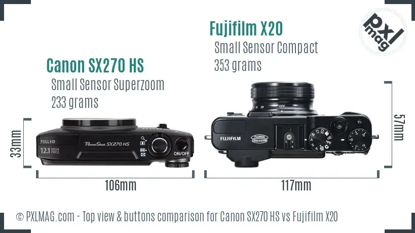 Canon SX270 HS vs Fujifilm X20 top view buttons comparison Canon SX270 HS vs Fujifilm X20 top view buttons comparison