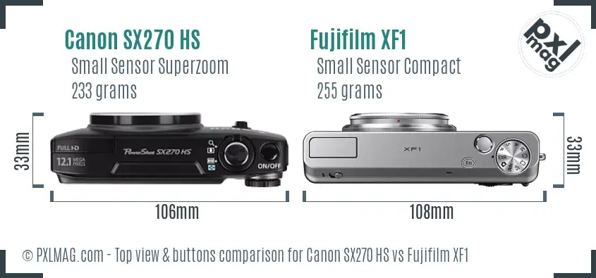 Canon SX270 HS vs Fujifilm XF1 top view buttons comparison