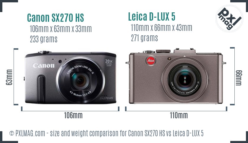 Canon SX270 HS vs Leica D-LUX 5 size comparison