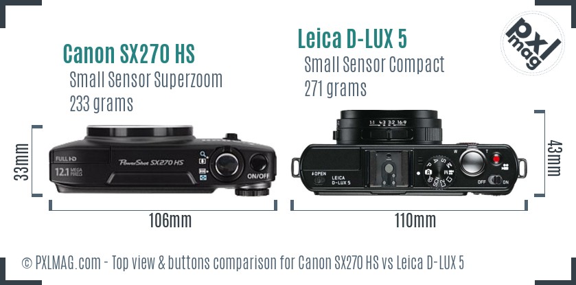 Canon SX270 HS vs Leica D-LUX 5 top view buttons comparison