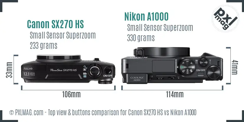 Canon SX270 HS vs Nikon A1000 top view buttons comparison
