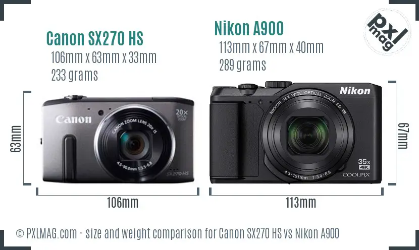 Canon SX270 HS vs Nikon A900 size comparison