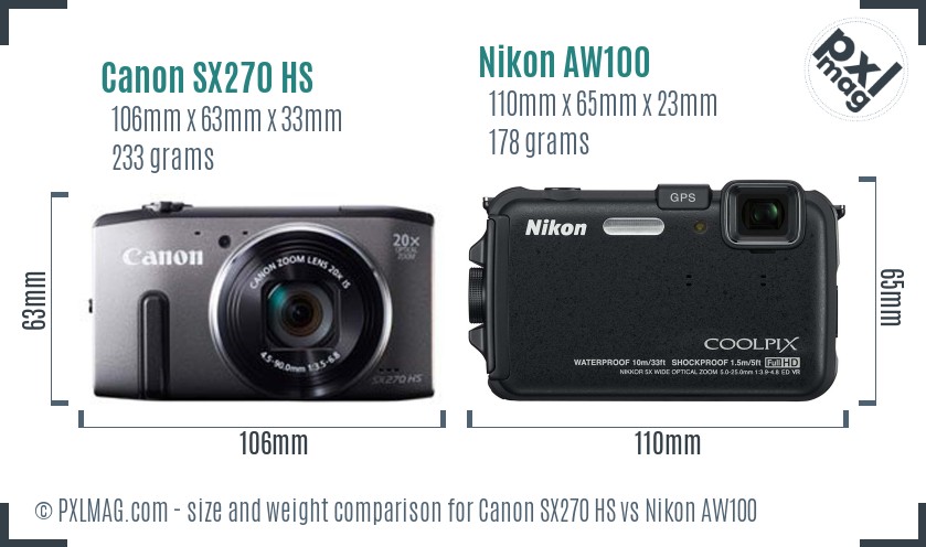 Canon SX270 HS vs Nikon AW100 size comparison
