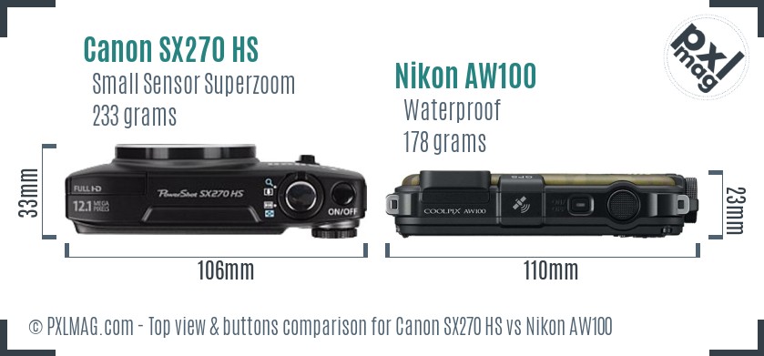 Canon SX270 HS vs Nikon AW100 top view buttons comparison